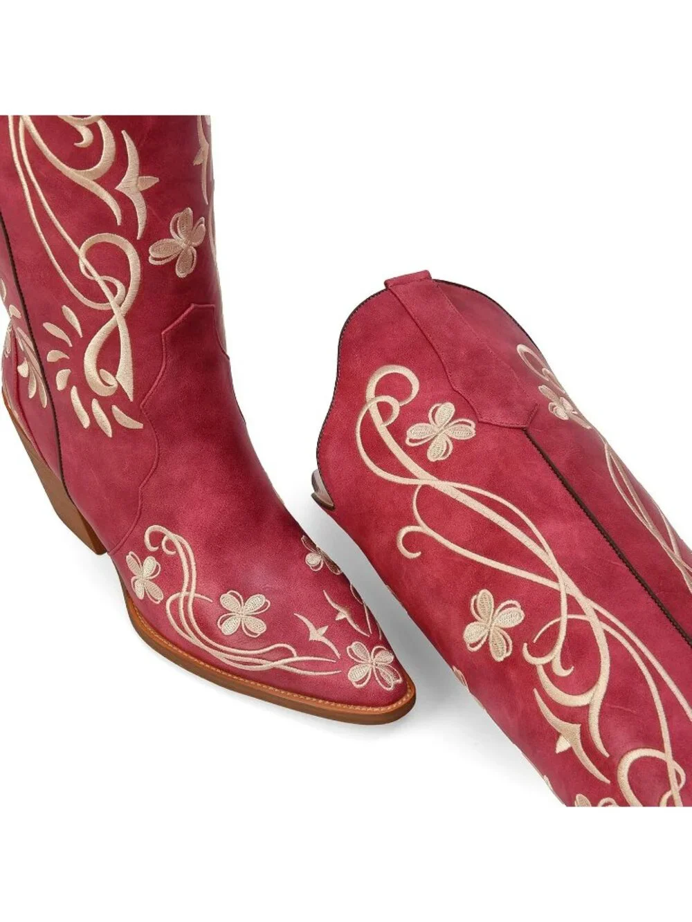 Women's Red pu Knee High Floral Embroidered Vintage Cowgirl Boots